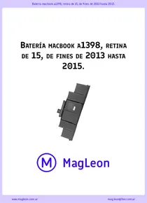 Batería macbook a1398, retina de 15, de fines de 2013 hasta 2015. - Ficha Técnica